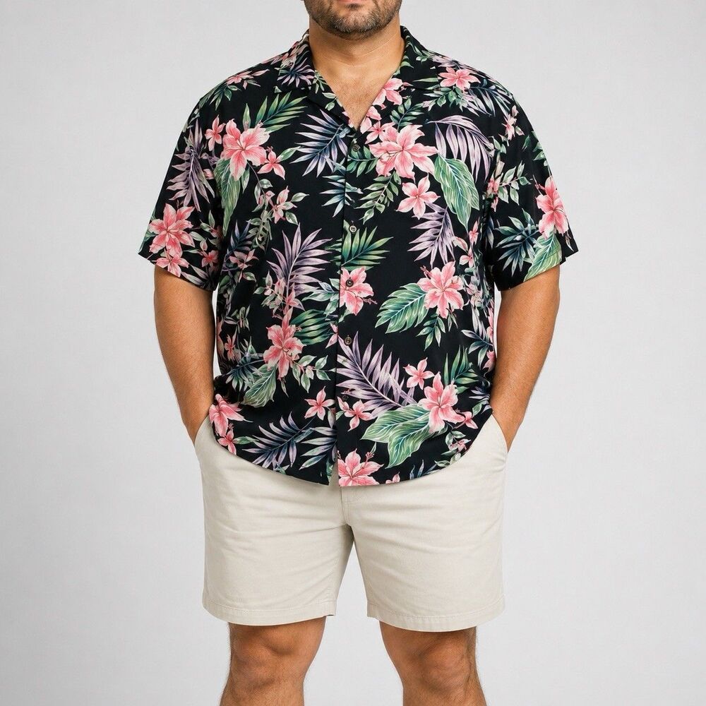 Hawaiian Shirt Mens 3XL Black Palm Fronds Rayon Short Sleeve Button Up Tropical